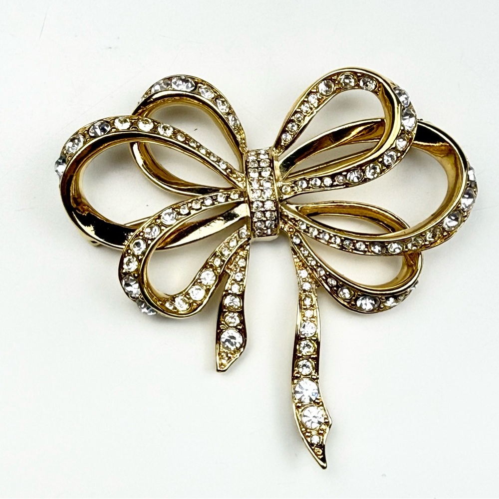KJL For Avon Kenneth Jay Lane Large Bow Brooch Gold Tone w/ Rhinestones GUC